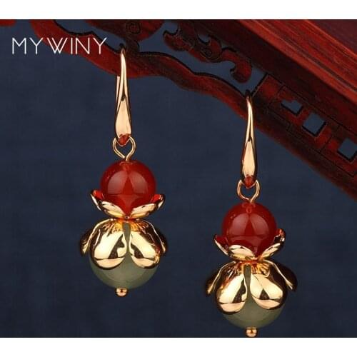 MYWINY copper flowers nature stones vintage earrings, fashion ethnic Aveturine jewelry