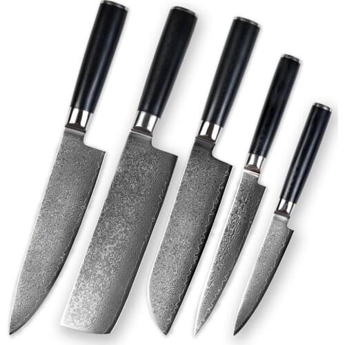 Kitchen Knife 5-piece Set VG10 Damascus Steel Blade G10 Round Handle Sharp Sharp Meat and Vegetable Cutting Tool Chef Knife