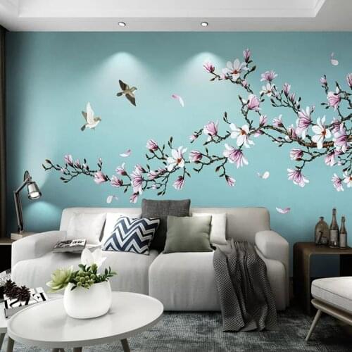 Chinese Style Mural Wallpaper 3D Magnolia Flowers Birds Photo Wall Paper Living Room Study Self-Adhesive Waterproof Wall Sticker
