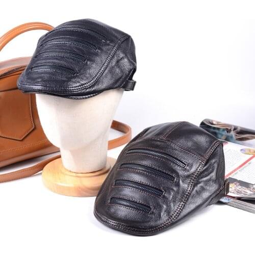 New Mens Real Leather Adjustable Casquette Peaked Cap Thin Lining Beret Newsboy jazz/Navy/Army Caps/Hats