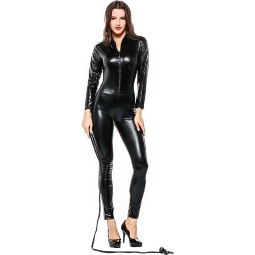 Free Size Solid Black Hot Fetish Lingerie Catwoman Cosplay Costumes Bodycon Bodysuit Zipper Closure Catsuit For Adults Erotic