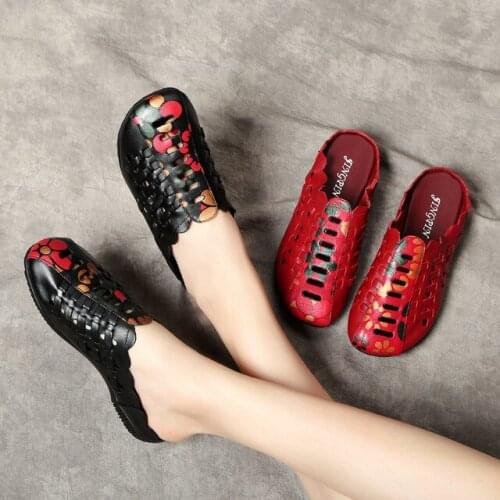 Handmade Genuine Leather Mother Slippers Mixed Retro Hollow Flat Bottom National Wind Slippers Female Outdoor Shoes Sandals