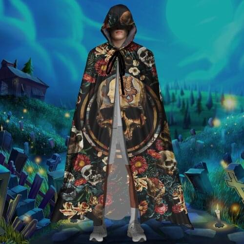 Hooded Cloak Unisex Adult Cloak Vintage Floral Sugar Skull Print Halloween Christmas Cloak Vampire Witch Cape Cosplay Costumes