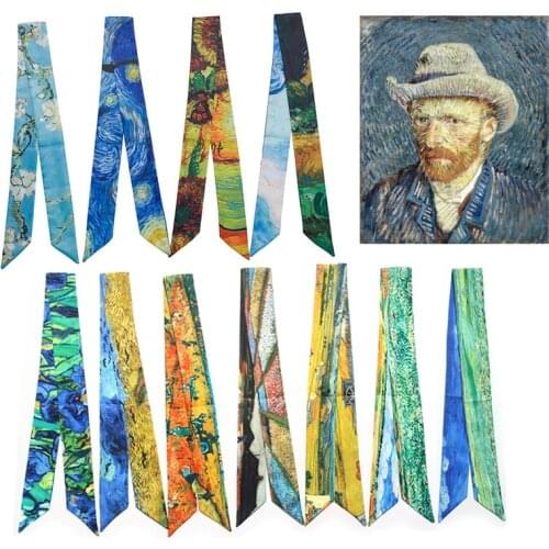 Luxury Brand Skinny Twill Silk Women Bag Scarf Van Gogh Oil Painting Starry Sky Small Ribbon Head Hair Handle Scarf Fashion