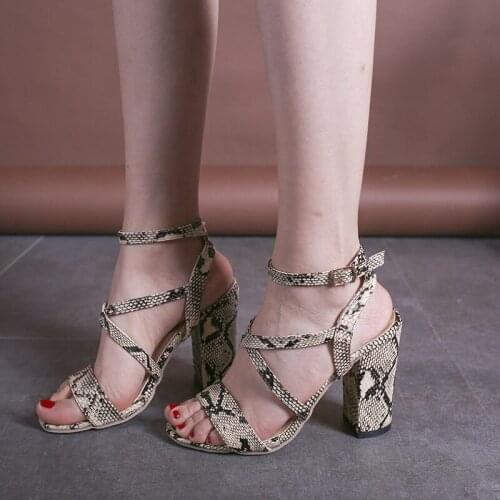 Women Summer Sandals Open toe snake PU leather shoes woman zapatos mujer Ladies chunky high heels pumps chaussure femme