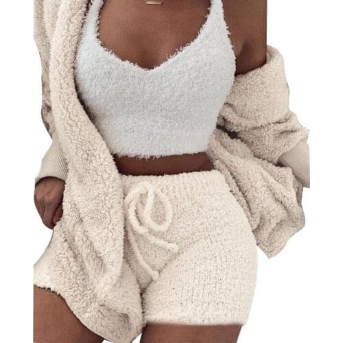 Sexy 3Pcs Women Autumn Plush Sexy Crop Top Long Sleeve Coat Drawstring Shorts Suit Womens Hooded Sports Suits