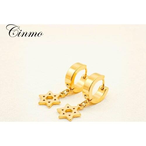 Cinmo Stainless Steel Piercing Drop Earrings David Star Cute Gold Dangle Earrings For Men Women Wholesale Korean Ear Jewelry