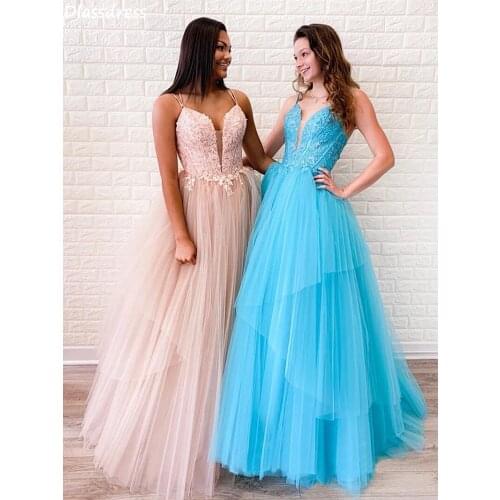 Blue Evening Dress 2020 New Spaghetti Strap Applique A-line Floor Length V-neck Backless Lace-up Prom Dress vestidos de fiesta