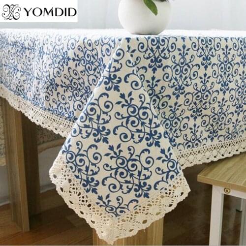 Blue Flower Retro Lace Tablecloth Chinese Style Cotton Table cloth Rectangular Dinning Table cloth for table Picnic