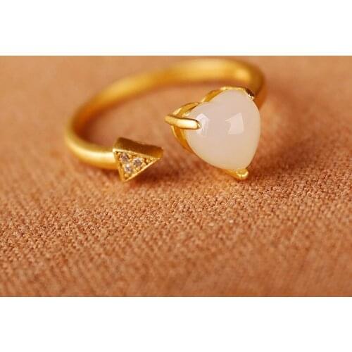 SNew Silver Inlaid Natural Hotan White Jade Arrow Heart Shaped Diamond Fresh Romantic Lovely Women Opening Adjustable Ring