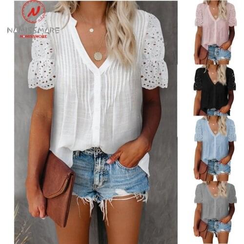 Women Summer Streetwear Solid Color T-Shirts Hollow Out Design See Through V-Neck Short Sleeve Casual Loose Pullovers Top