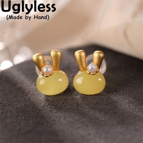 Uglyless Animals Lovely Rabbits Studs Earrings for Women Natural Agate Jade Pearls MINI Bunny Earrings Gold 925 Silver Jewelry