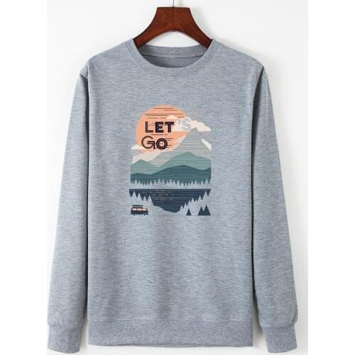 Women Sunrise Print Long Sleeve Hoodies Winter Warm Harajuku Aesthetic Sweatshirts Autumn Thicken Pullover Tops Streetwear