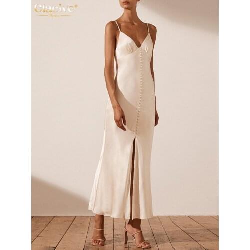 Clacive Sexy V-Neck Strap Satin Midi Dresses Fashion Sleeveless Backless WomenS Dress Vintage Solid Buttons Party Robe Longue