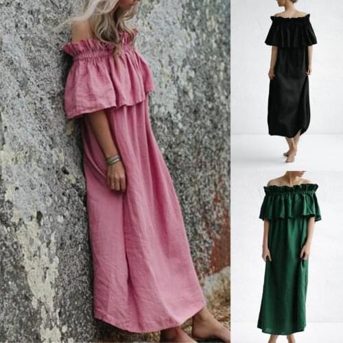 2021 new Women Ankle Length Dress Solid Color Off Shoulder Short Sleeve Ruffle Streetwear for Spring/Summer drop shipping