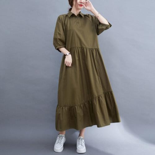 Korean Style Dress Female Summer 2021 New Loose Big Size Design Temperament Lapel Solid Color Half Sleeve Mid-Length Dress M192
