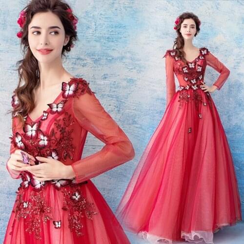 100%real studio red butterfly embroidery fancy fairy long gown medieval dress court renaissance Gown Victorian Belle gown