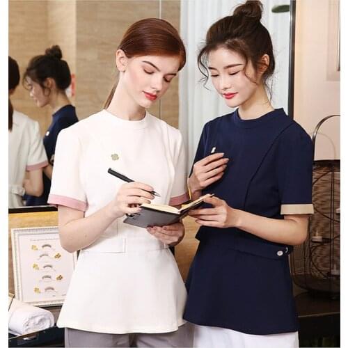 2021 New Senior Beautician Work Clothes Female Beauty Salon Overalls Foot Bath Technician SPA Uniform Wholesales Top+Pants Set