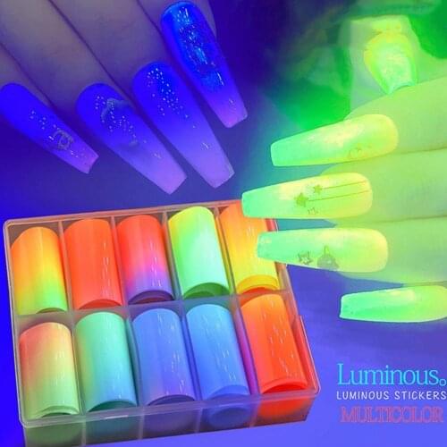 10 Rolls Fluorescent Nail Art Foil Transfer Stickers Set Summer Glitter Colorful Nail Art Decals DIY Decoration For Manicures