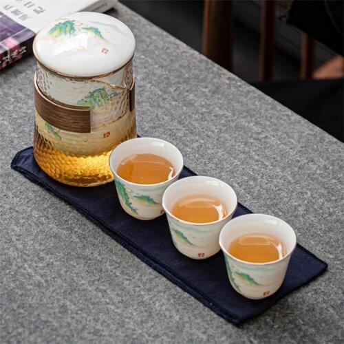 Ceramic Travel Tea Set Including 1 Pot + 3 Cups Portable Heat Resistant Glass Filter Teapot Creative White Porcelain Teacups