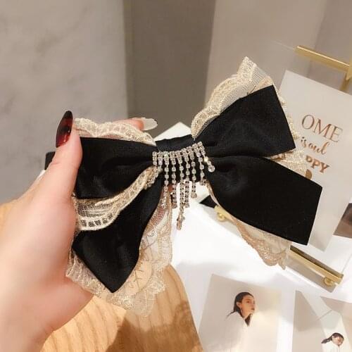 Sweet Lace Bow Snap Hair Clip for Girls Bling Rhinestone Chain Tassel Hair Bows Hairpin Luxury Jewelry Korean Hair Accessories