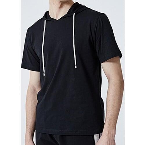 Men Summer T-shirt 2021 Short Sleeve Solid Color Hooded Drawstring T-shirt Pullover Tee Shirt for Daily Wear