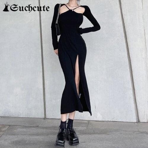 SUCHCUTE Black Evening Maxi Dress Sexy Hight Split Cross Bandage Long Sleeve Backless Women Long Dresses Clubwear Outfits Gothic
