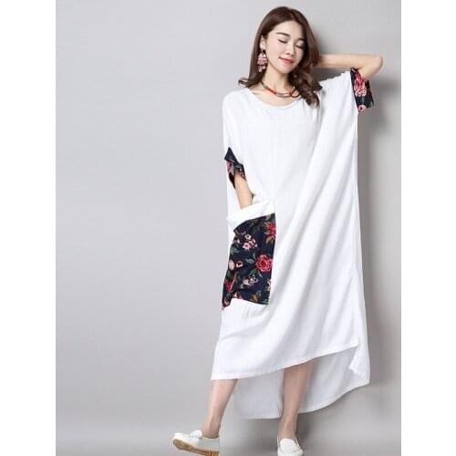 Robe Vintage Femme Summer 2019 Dress Women Short Sleeve Cotton Pocket Ethnic Loose Kaftan WomenS Asymmetric Dresses AA4764