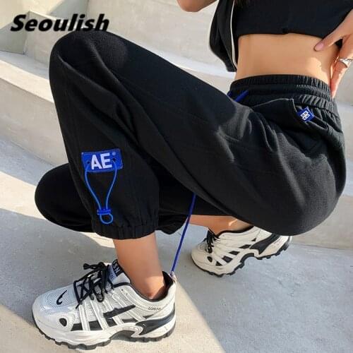 Seoulish New 2021 Spring Summer White Womens Sweetpants Drawing Waist Casual Loose Joggers Female Straight Harem Trouses Pocket