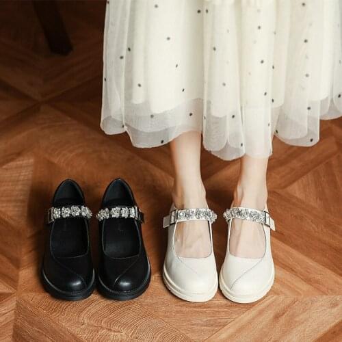 Real Cowhide leather crystal mary janes woman flats round toe thick heels oxfords belt buckle loafers lolita shoes women 2021