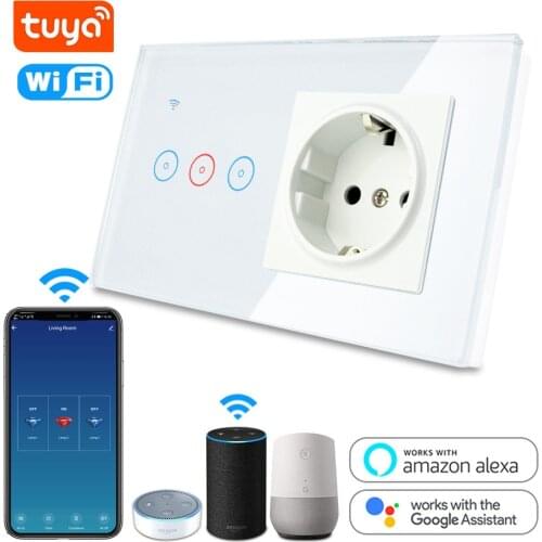 Tuya Smart Switch WiFi Light Touch Wall Switch 10A with 146 EU Plug Electrical Socket Work with Alexa Google Home Voice Control