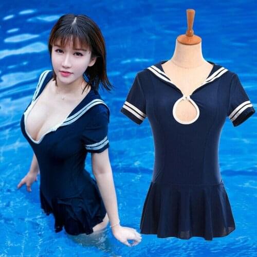 Japanese School Girl Students Sailor Uniform Sexy Deep V Mini Dress Swimwear Erotic Role Play Costume Blue
