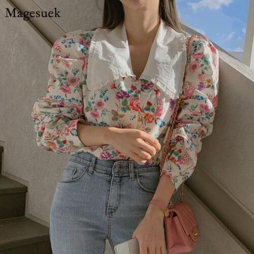 Spring Floral Printed Women Blouse 2021 New Loose Doll Collar Casual Long Sleeve Ladies Shirt Korean Puff Sleeve Women Top 13975