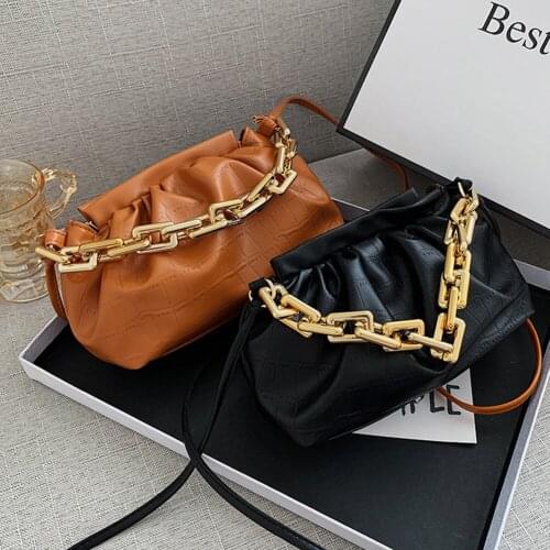 Women PU Leather Pleated Handbag Fashion Stone Pattern Thick Chain Shoulder Crossbody Bags Vintage Solid Color Cloud Purse