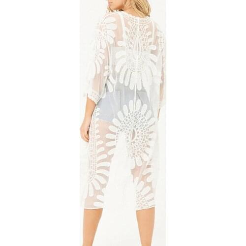 2019 Hot Embroidery Cardigan Casual Loose Floral Mesh Sheer Half Sleeve Chiffon Kimono Cover Up Tops See Through White Black