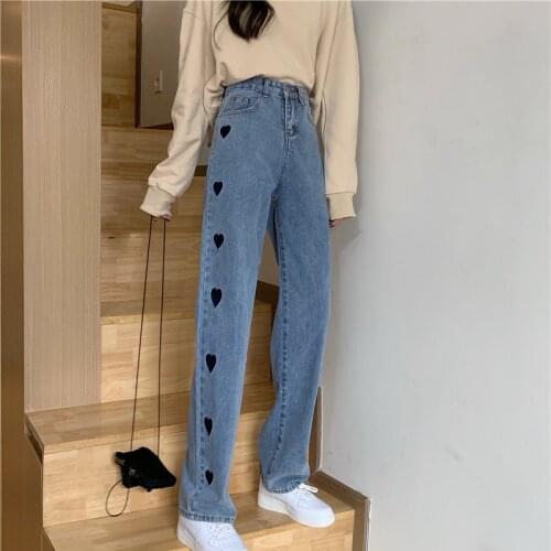 Japanese Harajuku Women Streetwear Blue Jeans High Waist Heart Embroidery Denim Wide Leg Pants Elegant Korean Denim Kawaii Jeans