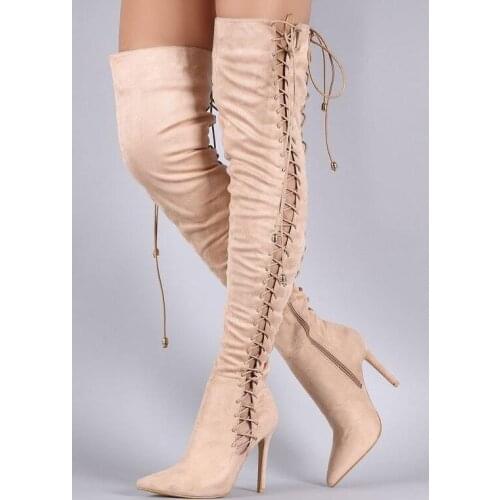 Sestito 2019 Women Solid Beige Lace-up Over-the-knee Boots Female Pointed Toe High Heels Party Runway Shoes Lady Thigh High Boot