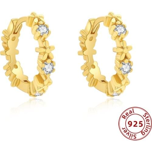 100% 925 Sterling Silver Small Hoop Earrings for Women Gold Flower Zircon Round Geometric Ear Huggie Piercing Fine Jewelry