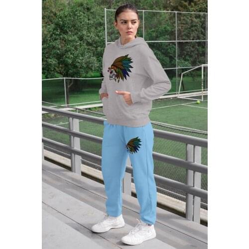 Angemiel Wear Feather Indian Crossbones Women Tracksuit Set Gray Hooded Sweatshirt Blue Sweatpants