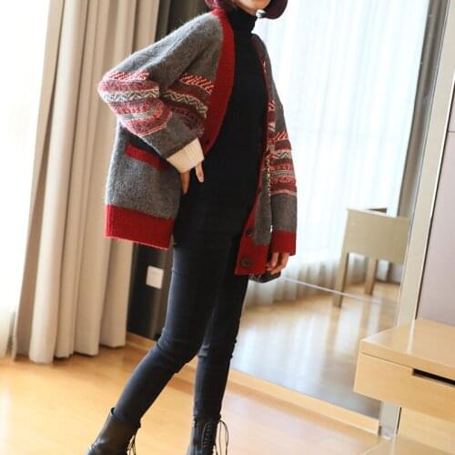 Knitted Cardigan Womens Autumn 2020 New Outerwear Mid-Length Loose Top Long-Sleeved Striped Sweater Jacket Women Winter Y309