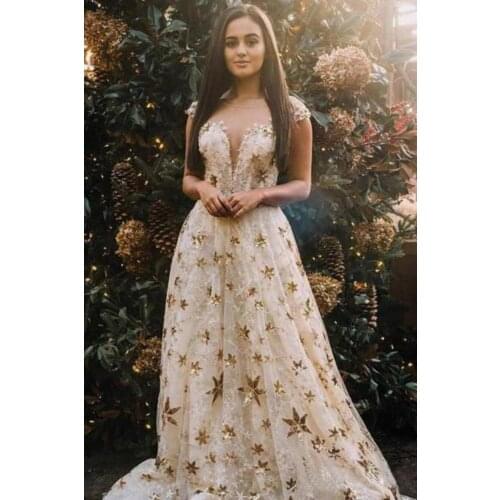 Glod Lace Gown Evening Dresses 2022 Luxury Sequins Lace Prom Gowns Women Formal Party Long Sleeves Shiny Elegant Robe De Soiree