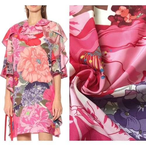 145cm Width Fashion Pink Big Flowers Print Imitate Double Crepe DE Chine Fabric For Woman Dress Blouse Sleepwear DIY Sewing