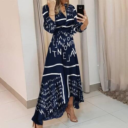 2021 autumn new sexy V-neck print fashion irregular big dress women