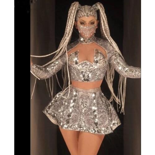 Flashing Silver Sequin T-shirt Short Skirt Women Dance DS Show Outfit Singer Wear Prom Birthday Celebrate Outfit Set