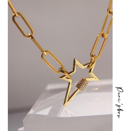 PerisBox Gold Color Large Paper Clip Chain with Star Carabiner Necklace Pave CZ Stone Statement Necklaces for Women