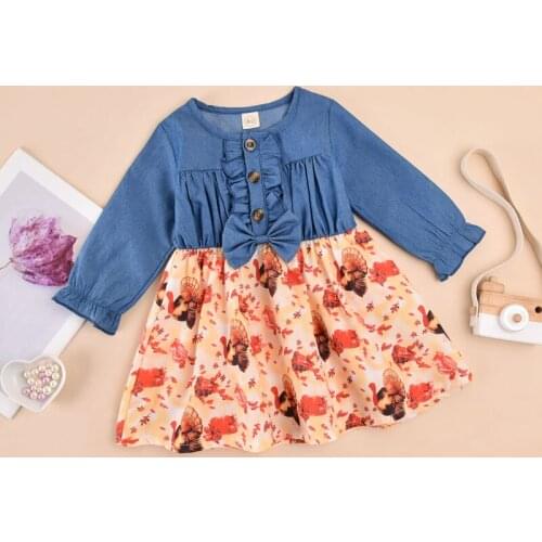 Pudcoco Thanksgiving Baby Dress Turkey Printed Ruffles Bow Decorated Full Length Petal Sleeve Round Neck Clothes