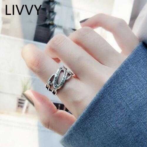 LIVVY Silver Color Double oval chain ring For Charming Women Good Luck Letter Popular Fashion Hot Temperament Jewelry Gift