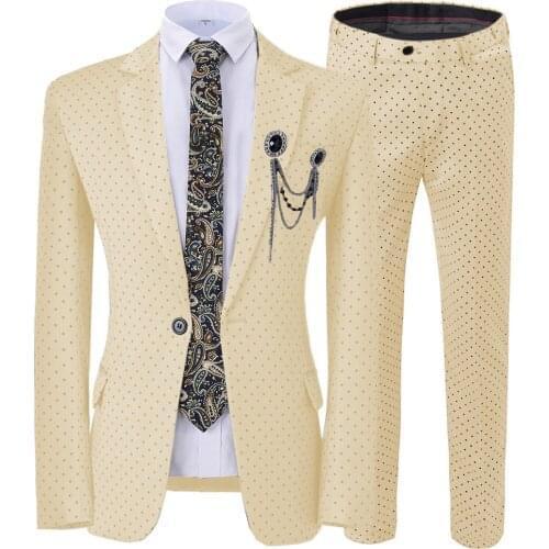 Champagen Mens Suit 2 Piece Casual Polka Dots Notched Lapel Tuxedos Groomsmen for Wedding Party (Jacket+Pants)Blue/Grey/Pink