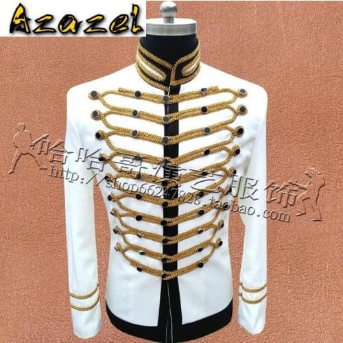 High quality mens lace military uniform MJ white knotted suit embroidery men costume singer dance presided over jacket Suits