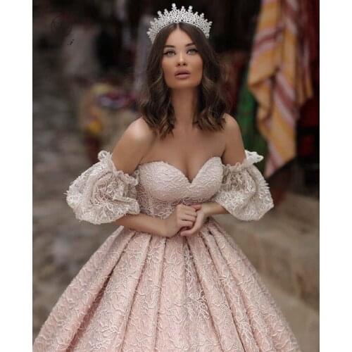 Fashion Pink Off the Shoulder Sweetheart Short Sleeve Pleated Lace Prom Dresses